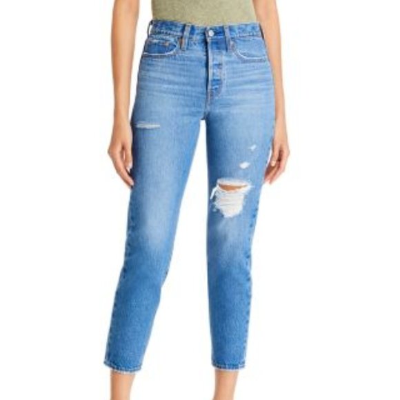 NWT LEVI'S WEDGIE ICON HIGH RISE DISTRESSED BUTTON FLY TAPERED LEG JEANS - Picture 4 of 5